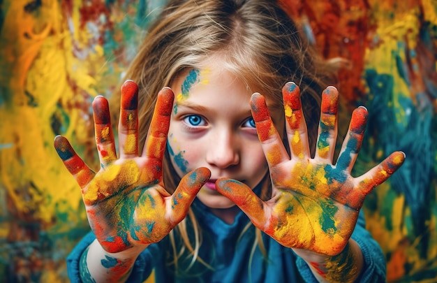 Ein Mädchen mit Farbe an den Händen