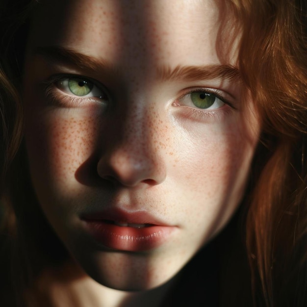 ein Mädchen mit Freckles auf ihrem Gesicht und einem Schatten ihres Gesichts.