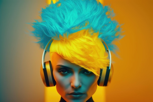 Ein Mädchen mit gefärbten Haaren und Kopfhörern. Die Ära der Rave-Musik und Nachtclubs. Generative KI