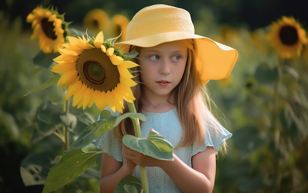 Ein Mädchen mit gelbem Hut steht in einem Sonnenblumenfeld