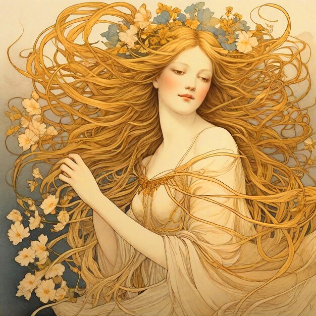 Ein Mädchen mit glänzendem goldenen eleganten Haar mit Blumen Generative KI