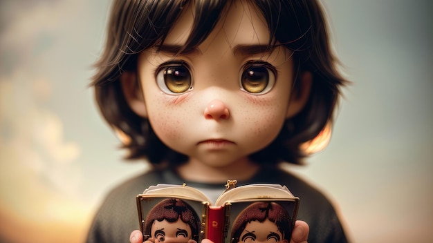 Ein Mädchen mit großen Augen hält ein Buch mit dem Bild eines Mannes darauf.