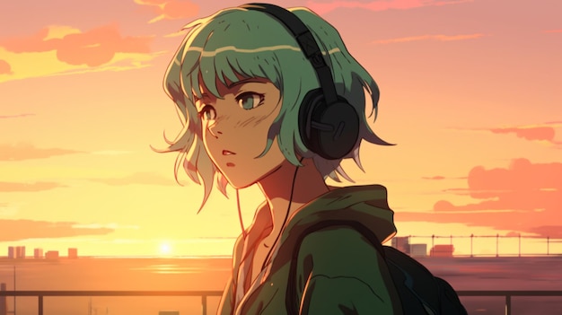 Ein Mädchen mit grünen Haaren und grünen Kopfhörern steht auf einem Balkon mit Blick auf den Sonnenuntergang.