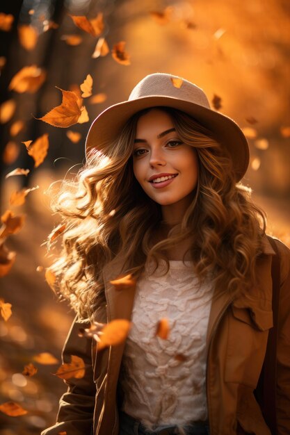 Ein Mädchen mit Hut lächelt, während es unter fallenden Blättern der Herbstsaison im Park steht. Generative KI