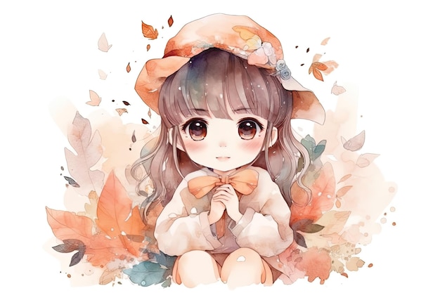 Ein Mädchen mit Hut sitzt auf einem bunten Hintergrund mit Blättern und Schmetterlingen.