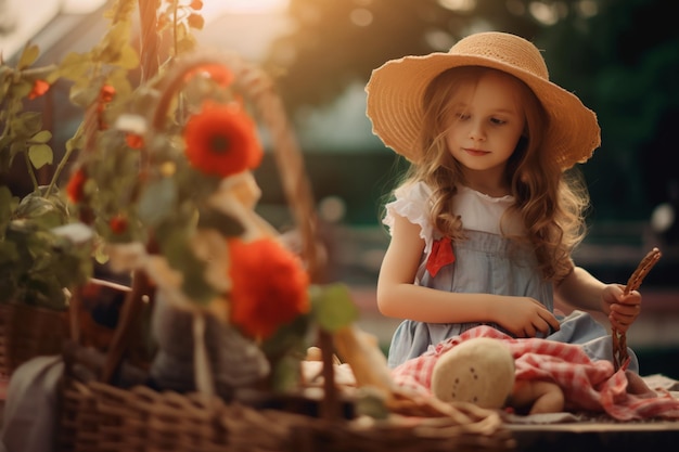 Ein Mädchen mit Hut sitzt auf einem Korb mit Blumen im Hintergrund.