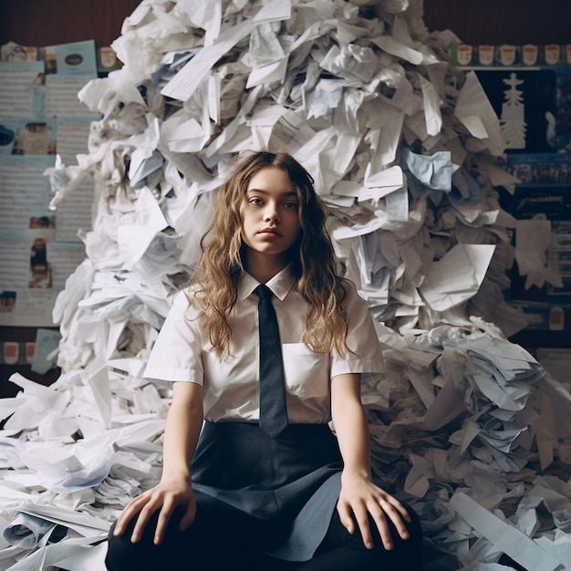 Ein Mädchen mit langen blonden Haaren sitzt vor einem Stapel Papier und hat ein Papier vor sich.