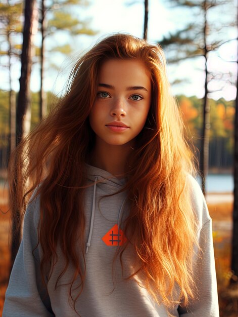 ein Mädchen mit langen Haaren, das einen grauen Hoodie mit einem orangefarbenen Kreuz an der Vorderseite trägt
