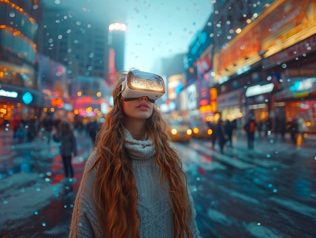 Ein Mädchen mit langen Haaren, das einen virtuellen Realitätshelm in einer geschäftigen Stadt im Winter trägt, generiert von AI