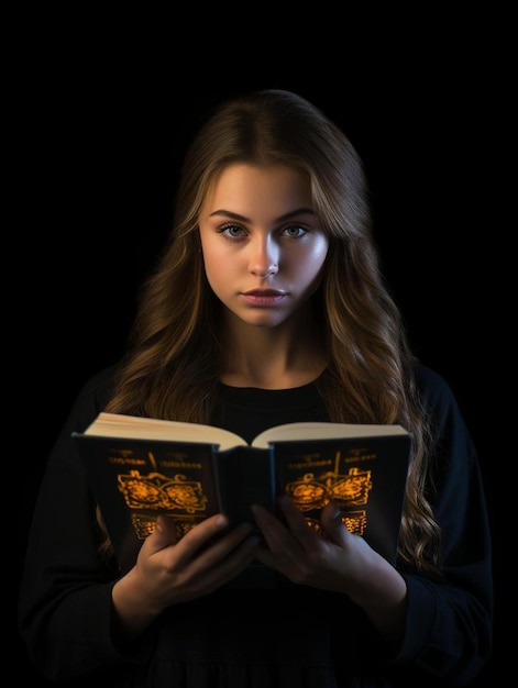 Ein Mädchen mit langen Haaren hält ein Buch mit der Aufschrift „Die Hexe“.