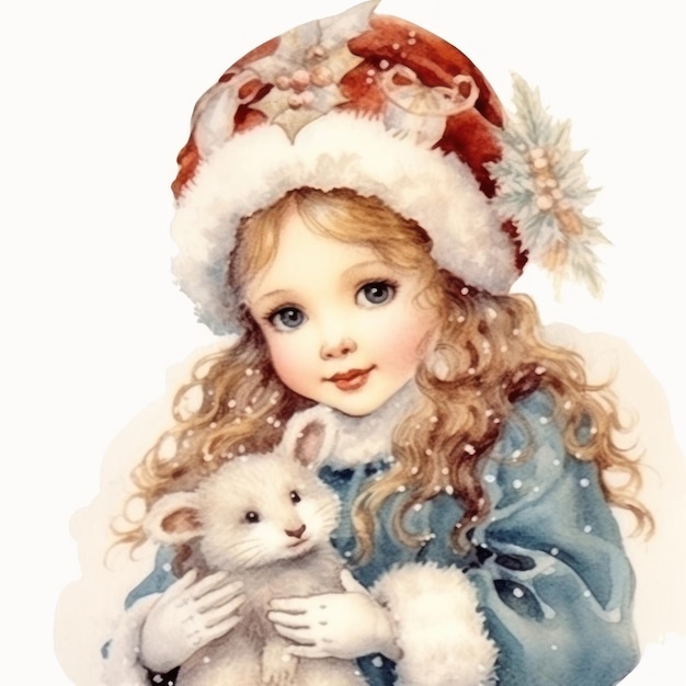 ein Mädchen mit langen Haaren und einem Weihnachtsmannshut hält einen Teddybären.