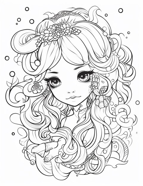 Ein Mädchen mit langen Haaren und einer Blume im Haar, generative KI