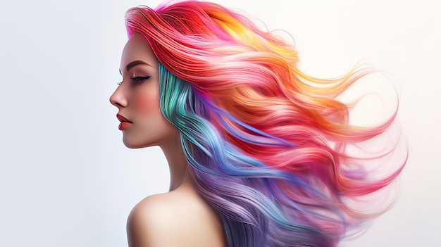 ein Mädchen mit langen mehrfarbigen Haaren auf einem weißen Hintergrund, das Werbung für Schönheit und Multikolpolieren macht
