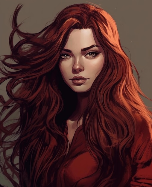 Ein Mädchen mit langen roten Haaren und einem roten Hemd.