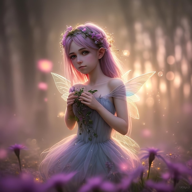 Ein Mädchen mit lila Haaren und einem lila Kleid hält eine Blume in ihren Händen.