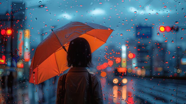 Ein Mädchen mit nassen Haaren und einem Regenschirm steht im Regen