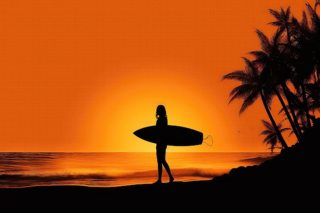 Ein Mädchen mit orangefarbener Silhouette und Surfbrett bei Sonnenuntergang. Generative KI