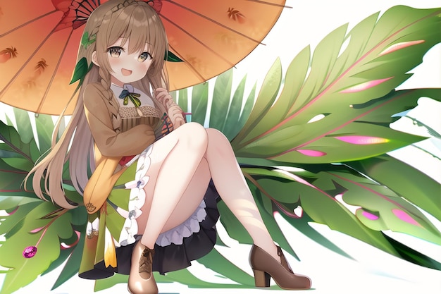 Ein Mädchen mit Regenschirm sitzt auf einer Pflanze mit Blättern und einem Schmetterling auf dem Arm.