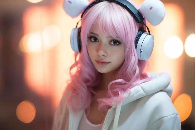 ein Mädchen mit rosa Haaren, das Kopfhörer trägt