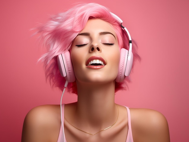 Ein Mädchen mit rosa Haaren hört Musik in Kopfhörern auf einem rosa Hintergrund.