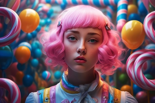 Ein Mädchen mit rosa Haaren steht vor einer Wand aus Süßigkeiten.
