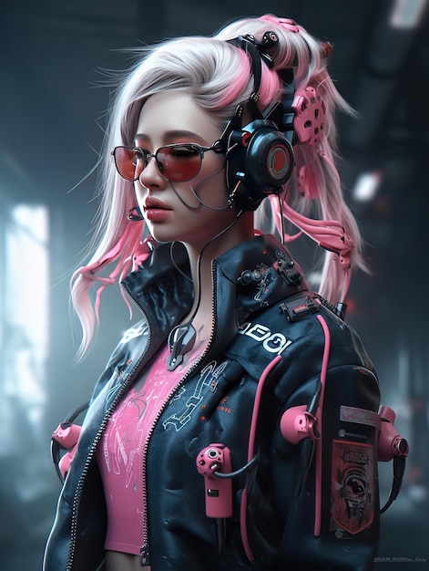 Ein Mädchen mit rosa Haaren und Brille im Cyberpunk-Stil