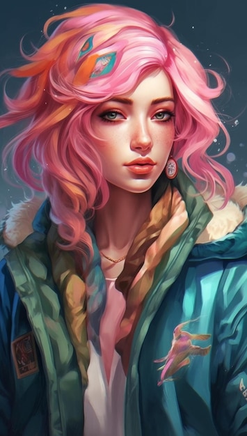 Ein Mädchen mit rosa Haaren und einem Kapuzenpullover