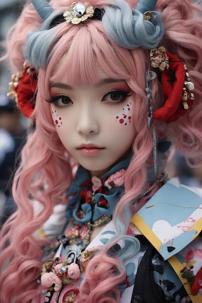 ein Mädchen mit rosa Haaren und einer blauen und rosa Blume auf dem Kopf