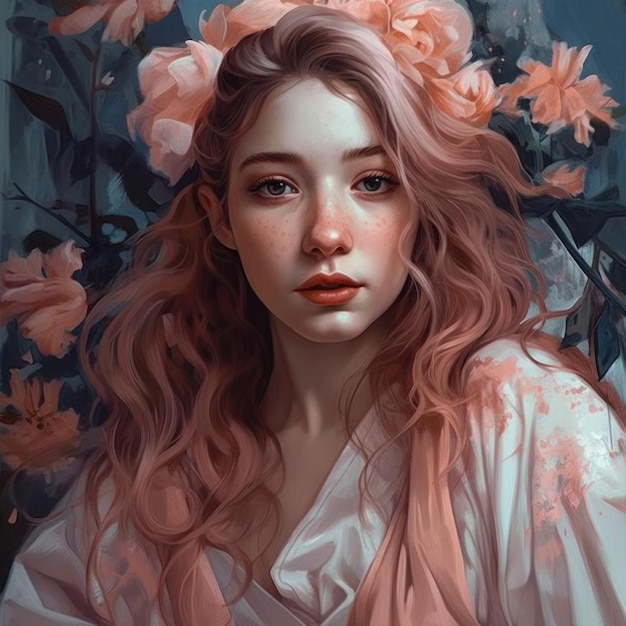 Ein Mädchen mit rosa Haaren und einer Blumenkrone
