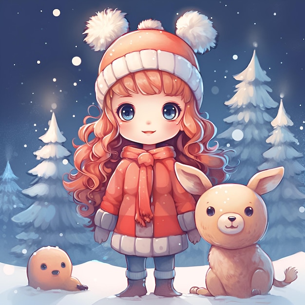 Ein Mädchen mit rotem Hut und ein Kaninchen im Schnee