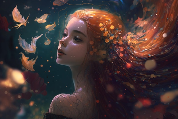 Ein Mädchen mit roten Haaren und einem Fisch, der um sie herum schwimmt.