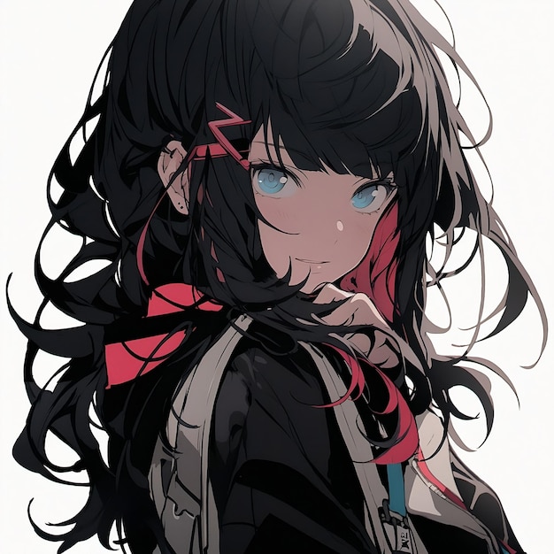 Ein Mädchen mit schwarzen Haaren und einer roten Schleife auf dem Kopf