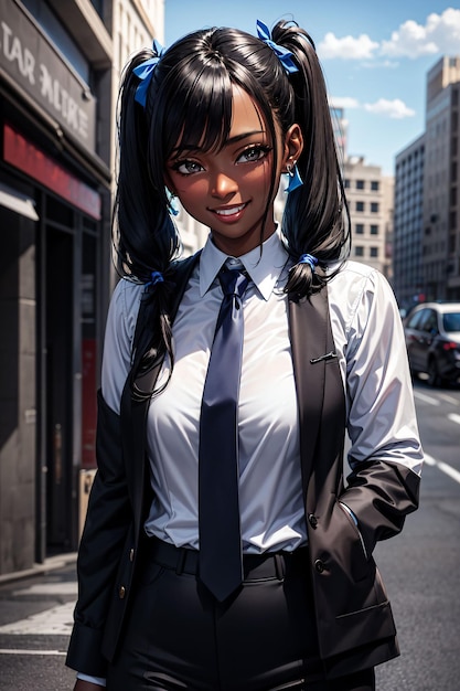 Ein Mädchen mit schwarzen Haaren und Krawatte steht auf der Straße.