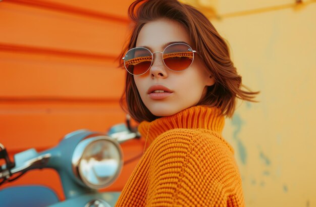ein Mädchen mit Sonnenbrille auf einem orangefarbenen Hintergrund