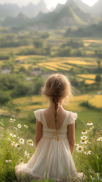 Ein Mädchen mit weißem Kleid steht auf einem grünen und gelben Feld mit Bergen und Feldern im Hintergrund