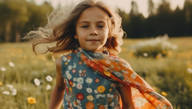 Ein Mädchen rennt durch eine Blumenwiese.