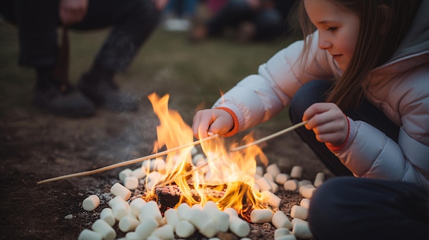 Ein Mädchen röstet Marshmallows über einem Lagerfeuer