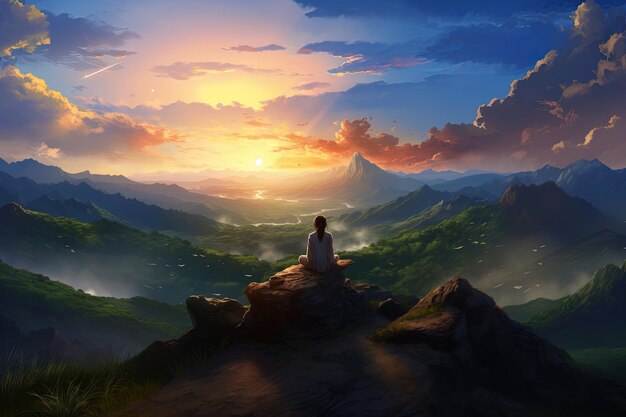Ein Mädchen schaut in die Landschaft Wolken Anime-Stil Aquarell