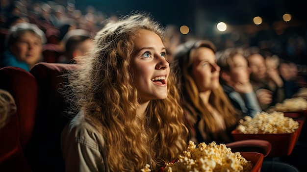 Ein Mädchen schaut sich begeistert einen Film im Kino an, während es Popcorn isst