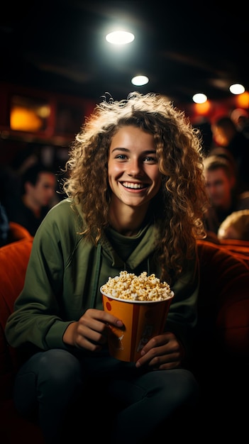 Ein Mädchen schaut sich begeistert einen Film im Kino an, während es Popcorn isst