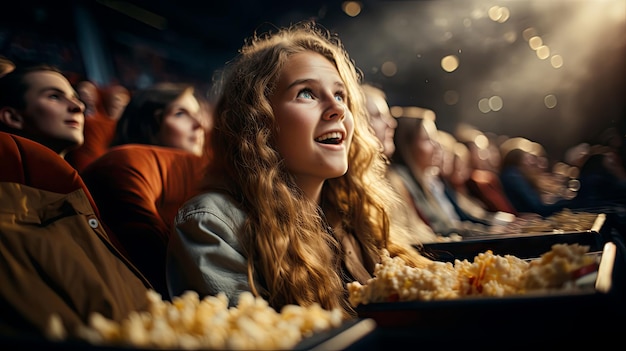 Ein Mädchen schaut sich begeistert einen Film im Kino an, während es Popcorn isst