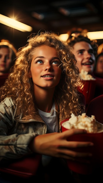 Ein Mädchen schaut sich begeistert einen Film im Kino an, während es Popcorn isst