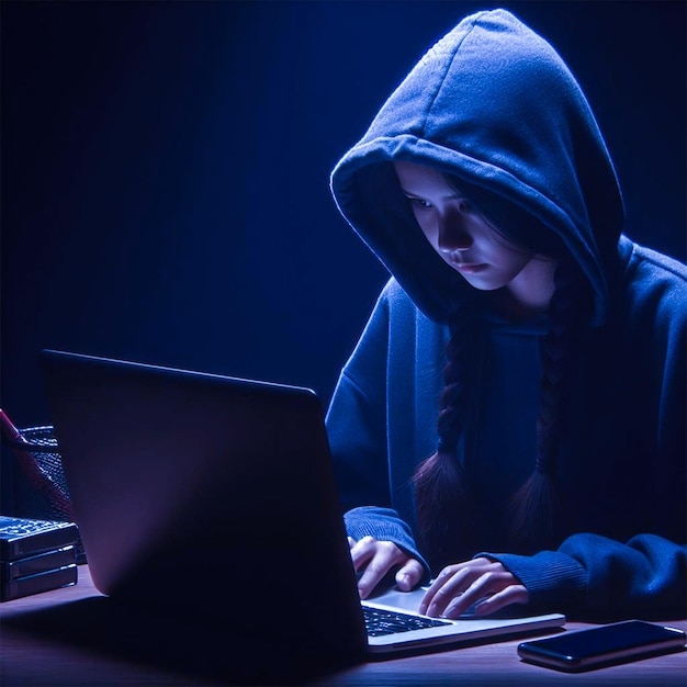 ein Mädchen schreibt auf einem Laptop mit einem blauen Hoodie