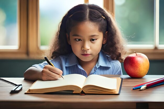 Ein Mädchen schreibt mit einem Apfel und einem Apfel in ein Notizbuch.