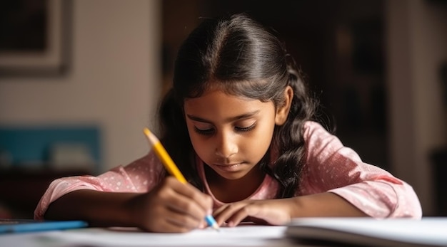 Ein Mädchen schreibt mit einem Bleistift auf ein Notizbuch.