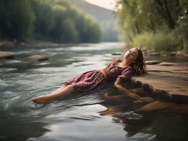 Ein Mädchen schwebt im Fluss