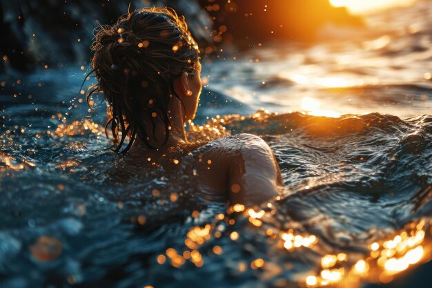 Ein Mädchen schwimmt im Meer im Sonnenlicht