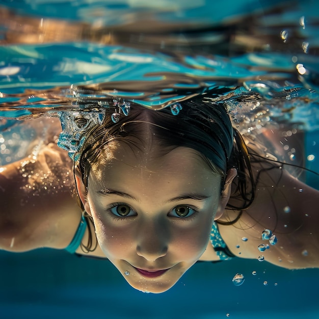ein Mädchen schwimmt unter Wasser mit Wasserblasen und ihre Haare sind hochgezogen