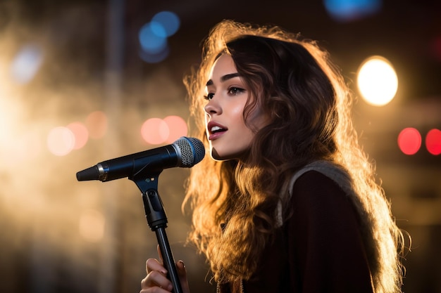 Ein Mädchen singt bei einem Konzert im Freien