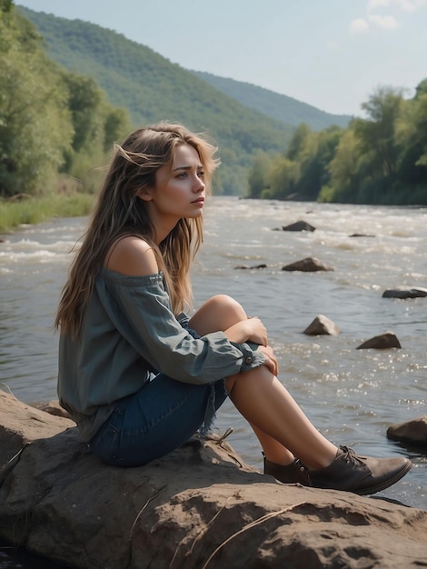 Ein Mädchen sitzt am Ufer eines Flusses